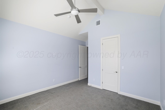 6201 Bay Rdg, Amarillo, TX 79119 - unfurnished bedroom featuring beamed ceiling, carpet floors, ceiling fan, and high vaulted ceiling