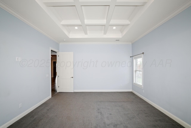 6201 Bay Rdg, Amarillo, TX 79119 - empty room featuring beam ceiling, coffered ceiling, carpet flooring, crown molding, and recessed lighting