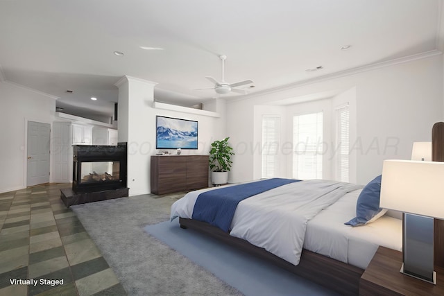 121 Quail Blvd, Amarillo, TX 79124 - bedroom with ornamental molding, a multi sided fireplace, recessed lighting, and a ceiling fan