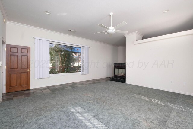 121 Quail Blvd, Amarillo, TX 79124 - unfurnished living room featuring ornamental molding, a ceiling fan, carpet flooring, and a premium fireplace