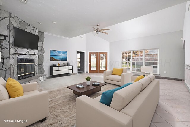 121 Quail Blvd, Amarillo, TX 79124 - tiled living area featuring a ceiling fan, a fireplace, and high vaulted ceiling