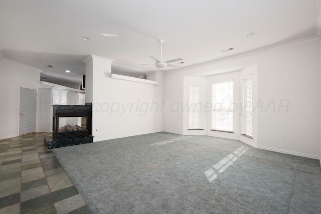 121 Quail Blvd, Amarillo, TX 79124 - unfurnished living room with crown molding, a ceiling fan, a multi sided fireplace, and recessed lighting