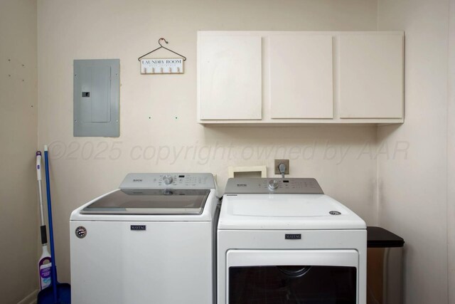 2819 Lloyd Dr, Amarillo, TX 79110 - laundry area with cabinet space, electric panel, and washer and dryer