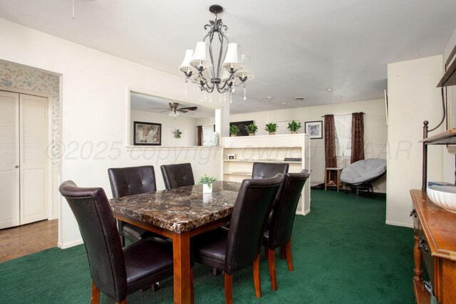 2819 Lloyd Dr, Amarillo, TX 79110 - dining room with a chandelier, dark carpet, ceiling fan, and baseboards