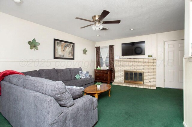 2819 Lloyd Dr, Amarillo, TX 79110 - living room featuring a ceiling fan, carpet, and a brick fireplace