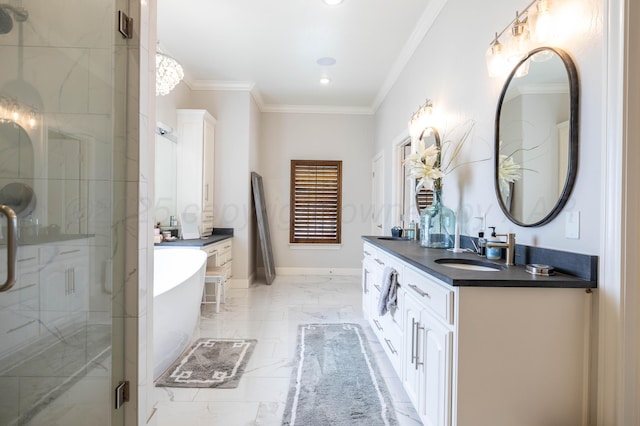 full bathroom with crown molding, vanity, marble finish floor, a freestanding tub, and a stall shower