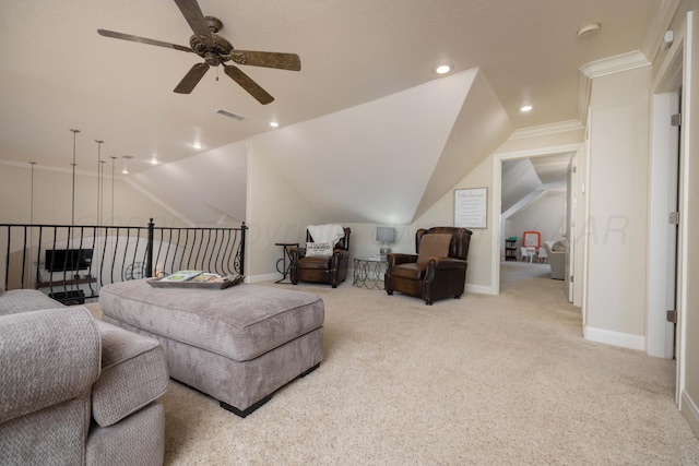 living area featuring baseboards, ceiling fan, vaulted ceiling, and visible vents