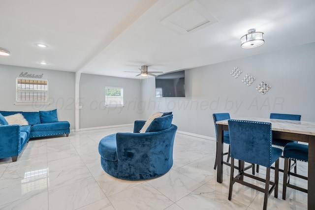 3515 NE 19th Ave, Amarillo, TX 79107 - living area with marble look tiles, attic access, baseboards, recessed lighting, and a ceiling fan