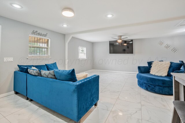 3515 NE 19th Ave, Amarillo, TX 79107 - living room with light marble finish floors, recessed lighting, baseboards, and a ceiling fan