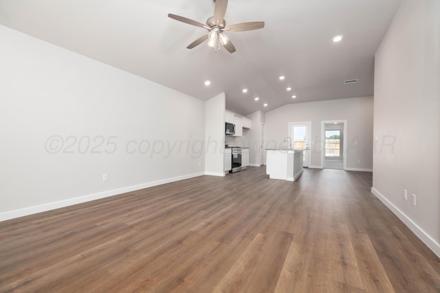 10401 Ruse St, Amarillo, TX 79118 - unfurnished living room featuring recessed lighting, a ceiling fan, lofted ceiling, and dark wood-style floors