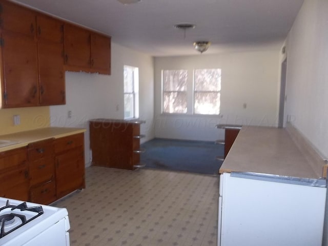 kitchen featuring light colored carpet and white stove