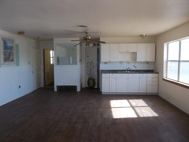 kitchen featuring dark wood-type flooring, white cabinetry, sink, and ceiling fan