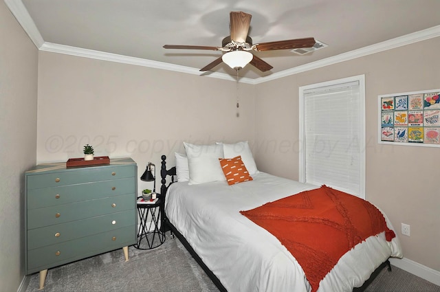 5001 Gloster St, Amarillo, TX 79118 - carpeted bedroom featuring crown molding, baseboards, and ceiling fan