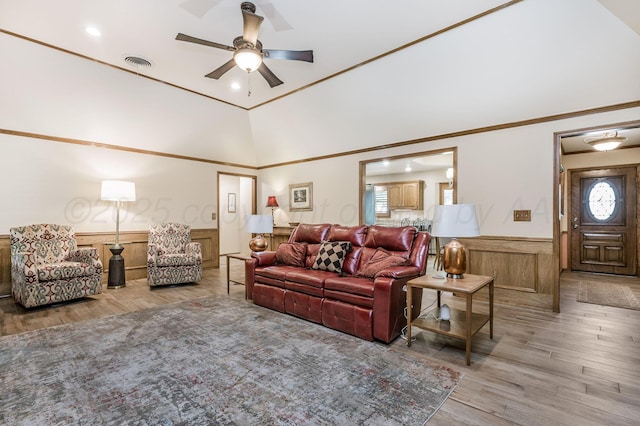 4012 Linda Dr, Amarillo, TX 79109 - living area with a wainscoted wall, wood finished floors, and a ceiling fan