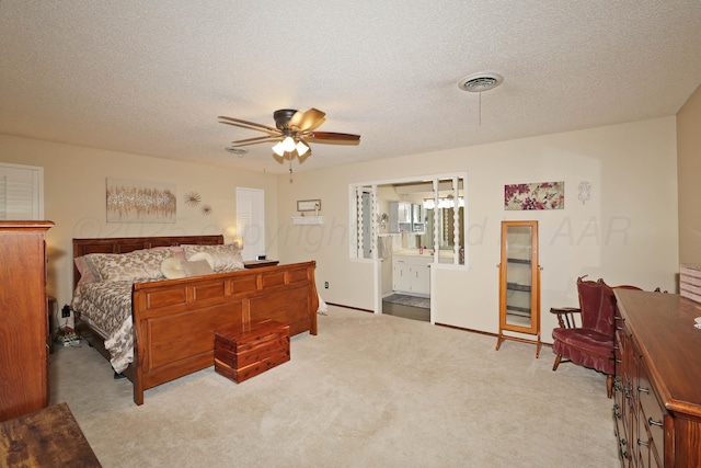 7303 Jameson Dr, Amarillo, TX 79121 - bedroom with light carpet, a textured ceiling, connected bathroom, and ceiling fan