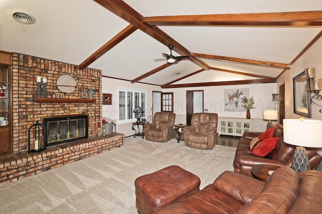 7303 Jameson Dr, Amarillo, TX 79121 - living room with a ceiling fan, a fireplace, and carpet floors
