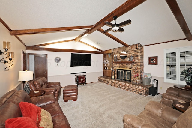 7303 Jameson Dr, Amarillo, TX 79121 - living room featuring carpet floors, ceiling fan, a wainscoted wall, and a brick fireplace