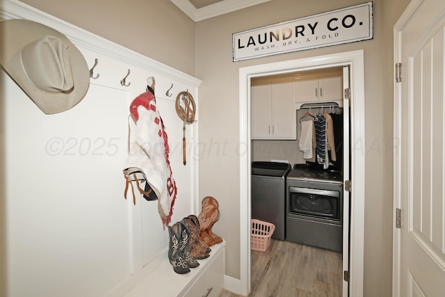 6702 Tatum Cir, Amarillo, TX 79119 - washroom with light wood-style floors, washing machine and dryer, crown molding, and cabinet space