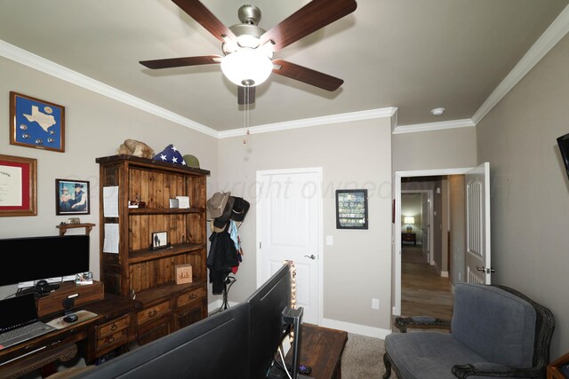 6702 Tatum Cir, Amarillo, TX 79119 - carpeted bedroom featuring a desk, ornamental molding, and ceiling fan
