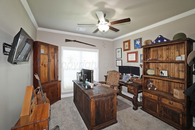 6702 Tatum Cir, Amarillo, TX 79119 - home office featuring a ceiling fan, crown molding, and light colored carpet