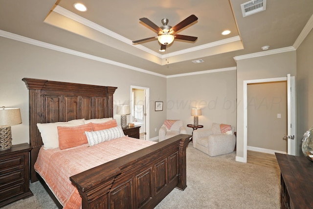 6702 Tatum Cir, Amarillo, TX 79119 - bedroom featuring a raised ceiling, light colored carpet, crown molding, a ceiling fan, and recessed lighting
