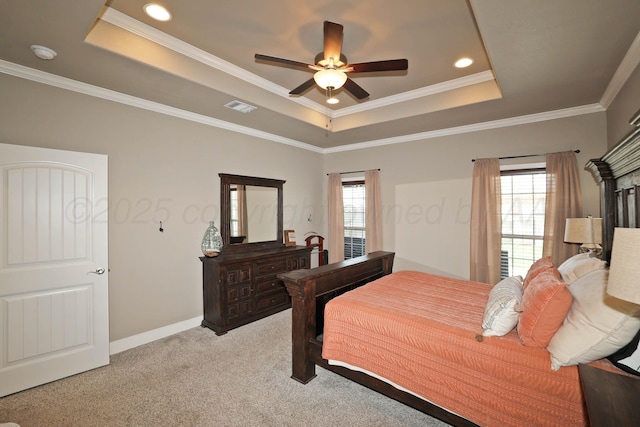 6702 Tatum Cir, Amarillo, TX 79119 - bedroom with a raised ceiling, light carpet, ornamental molding, a ceiling fan, and recessed lighting