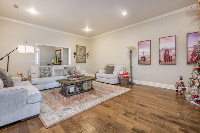 living room with ornamental molding and dark wood-type flooring