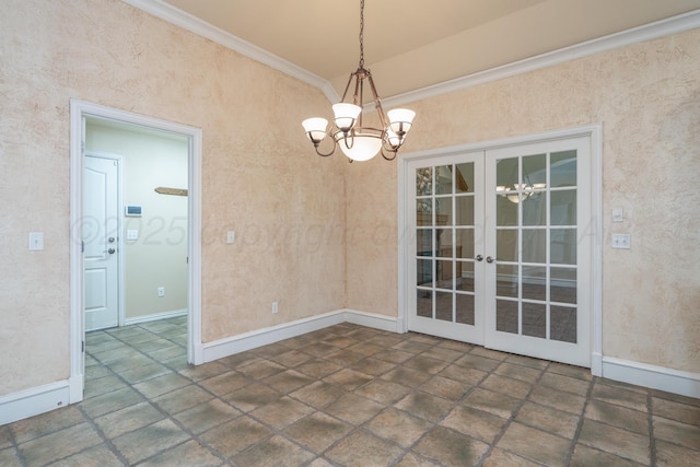 8309 Plymouth Dr, Amarillo, TX 79119 - unfurnished room with a chandelier, ornamental molding, french doors, baseboards, and stone finish flooring