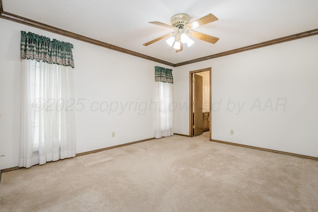 3457 Colchester Pl, Amarillo, TX 79121 - unfurnished room featuring baseboards, ornamental molding, a ceiling fan, and light colored carpet
