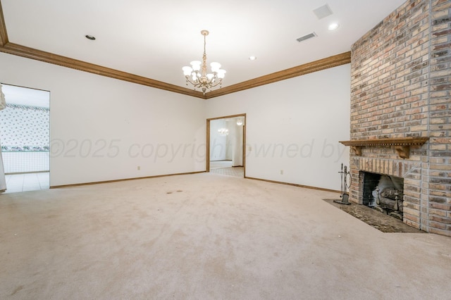 3457 Colchester Pl, Amarillo, TX 79121 - unfurnished living room with visible vents, crown molding, baseboards, carpet flooring, and a notable chandelier