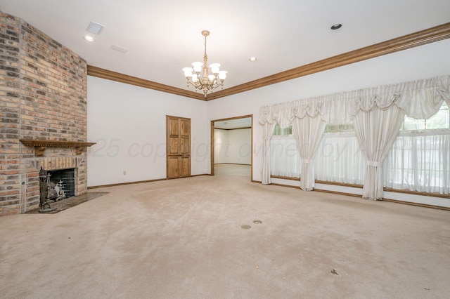 3457 Colchester Pl, Amarillo, TX 79121 - unfurnished living room with carpet floors, ornamental molding, a brick fireplace, baseboards, and a notable chandelier