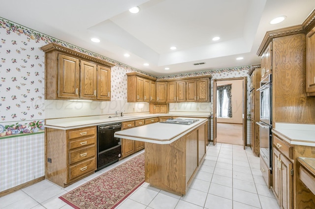 3457 Colchester Pl, Amarillo, TX 79121 - kitchen featuring a center island, brown cabinets, dishwasher, light countertops, and wallpapered walls