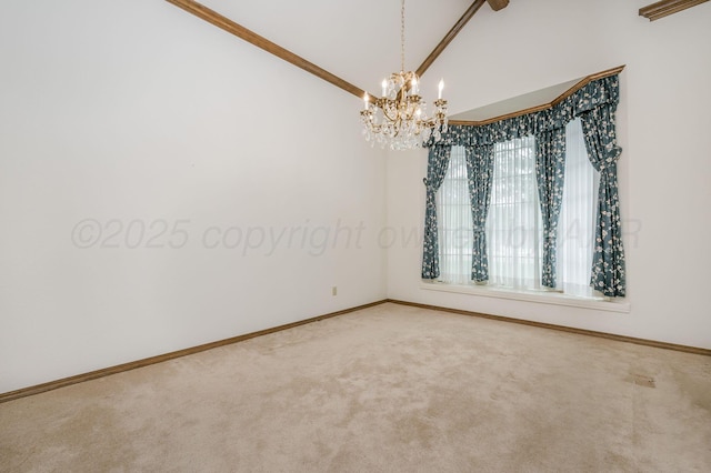 3457 Colchester Pl, Amarillo, TX 79121 - carpeted empty room with baseboards, lofted ceiling, and a chandelier