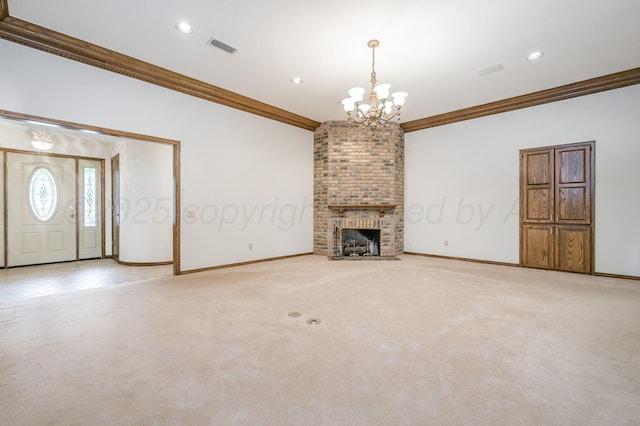 3457 Colchester Pl, Amarillo, TX 79121 - unfurnished living room with visible vents, crown molding, baseboards, an inviting chandelier, and recessed lighting