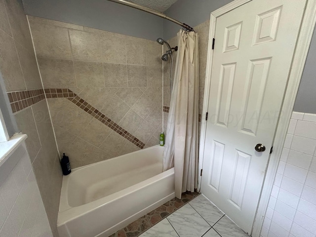 7906 Merchant Dr, Amarillo, TX 79121 - full bathroom featuring shower / bath combination with curtain and marble finish floor