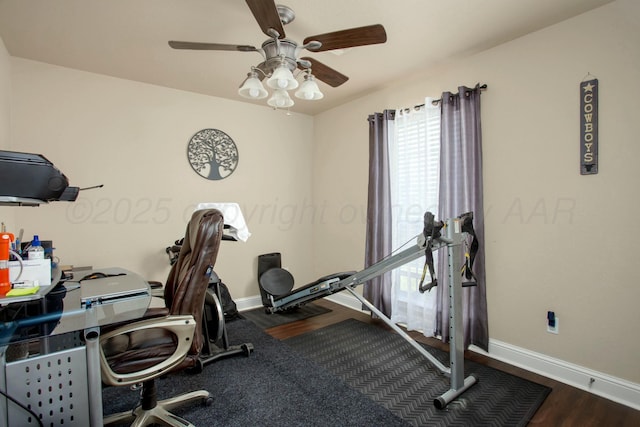 8103 El Paso Dr, Amarillo, TX 79118 - workout area featuring ceiling fan, wood finished floors, and baseboards