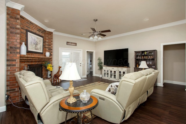 8103 El Paso Dr, Amarillo, TX 79118 - living area with baseboards, a ceiling fan, wood finished floors, a brick fireplace, and ornamental molding