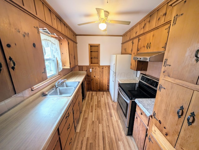 kitchen featuring electric range, light hardwood / wood-style flooring, sink, ornamental molding, and ceiling fan