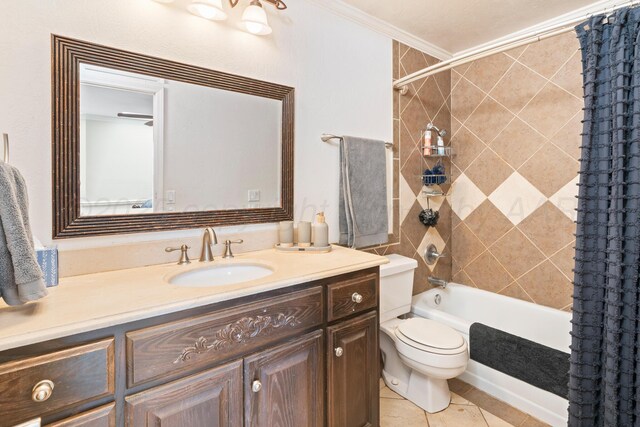 1321 Buena Vista St, Amarillo, TX 79106 - full bathroom featuring shower / bath combo, vanity, ornamental molding, and tile patterned floors