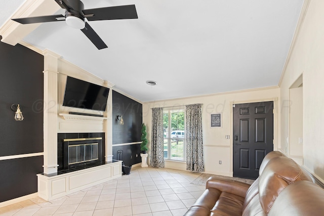 1321 Buena Vista St, Amarillo, TX 79106 - living room with crown molding, tile patterned flooring, ceiling fan, and a large fireplace