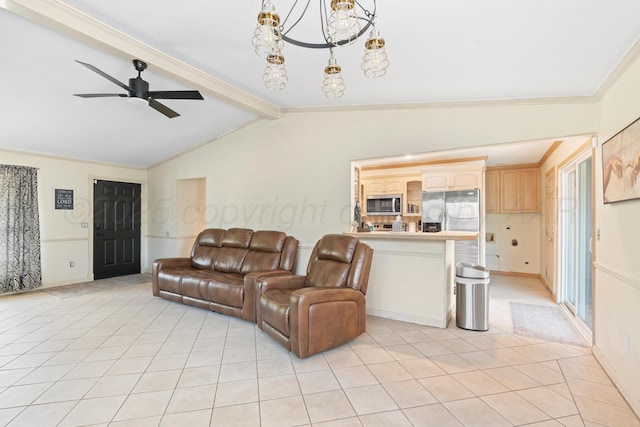 1321 Buena Vista St, Amarillo, TX 79106 - living room with light tile patterned floors, ceiling fan, and crown molding