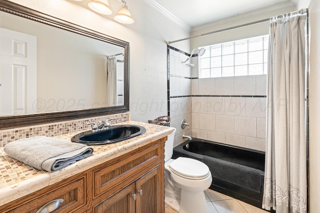 1321 Buena Vista St, Amarillo, TX 79106 - full bath featuring tasteful backsplash, vanity, shower / tub combo with curtain, tile patterned floors, and crown molding