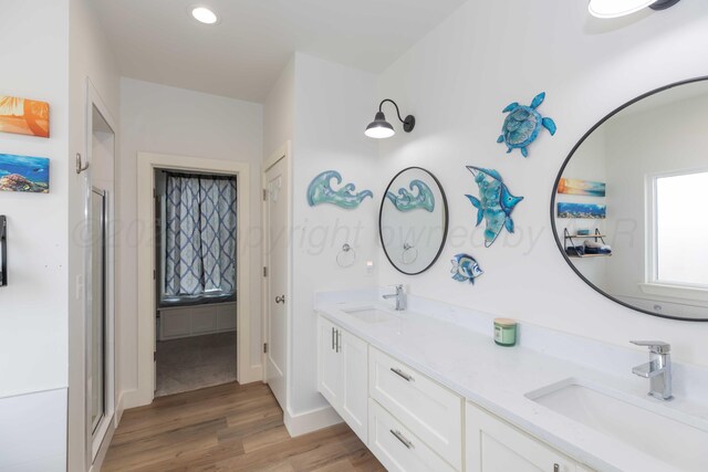 bathroom featuring a sink, a shower stall, and wood finished floors