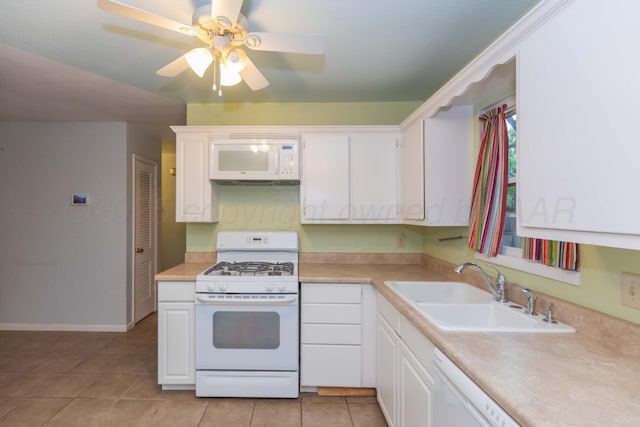 3604 SE 30th Ave, Amarillo, TX 79103 - kitchen with white appliances, a sink, white cabinetry, ceiling fan, and light countertops