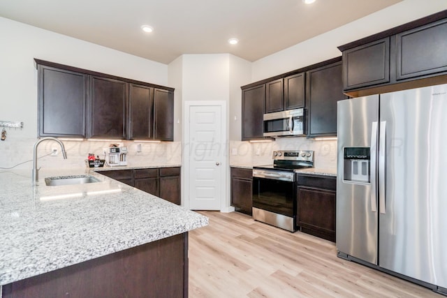 1800 Morningside Ave, Amarillo, TX 79118 - kitchen featuring stainless steel appliances, light stone countertops, dark brown cabinets, decorative backsplash, and recessed lighting