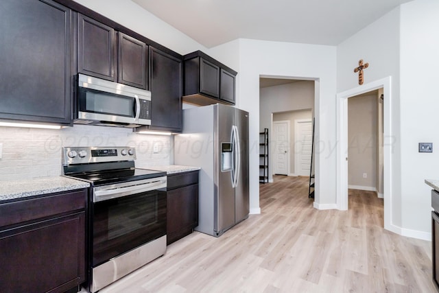 1800 Morningside Ave, Amarillo, TX 79118 - kitchen with stainless steel appliances, light wood-type flooring, tasteful backsplash, and dark brown cabinetry