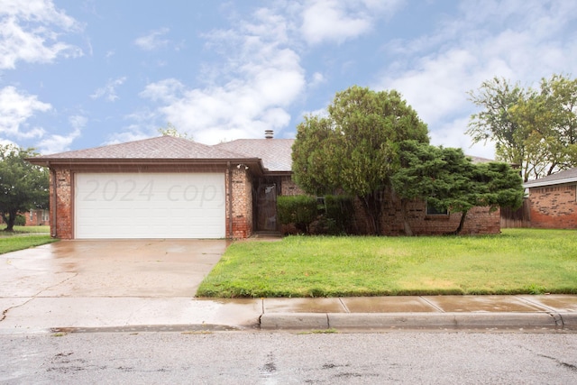 ranch-style home with driveway, brick siding, a shingled roof, an attached garage, and a front yard