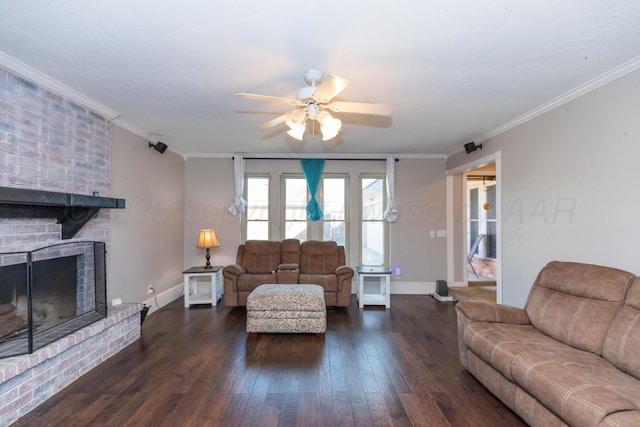living room featuring a fireplace, baseboards, dark wood-style floors, and ceiling fan