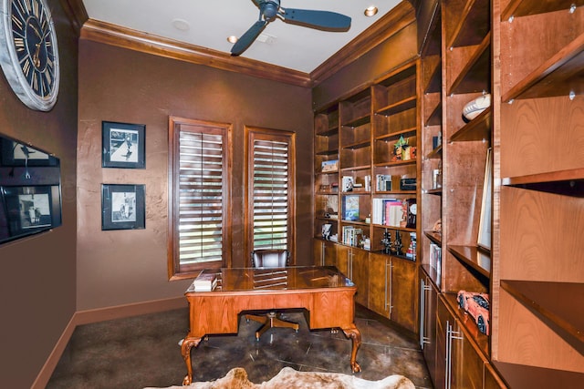 office space featuring crown molding, ceiling fan, and dark carpet