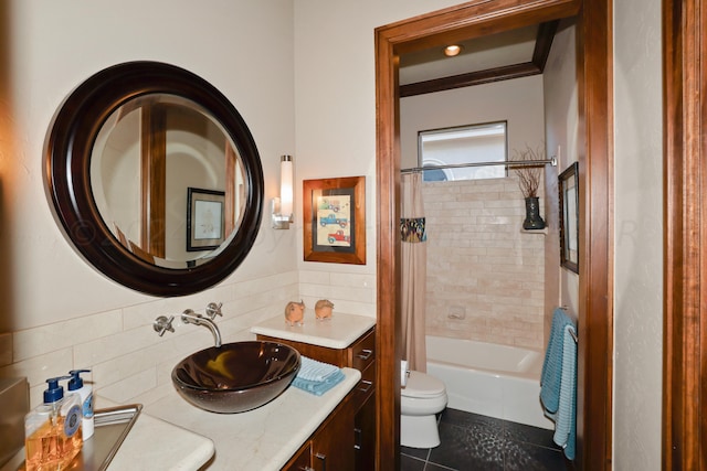 full bathroom featuring vanity, shower / bath combination with curtain, tile patterned flooring, decorative backsplash, and toilet